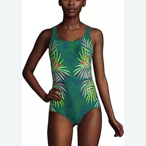 Lands End Blue Green Tropical Palm Leaf One‎ Piece Swimsuit Size 6 D